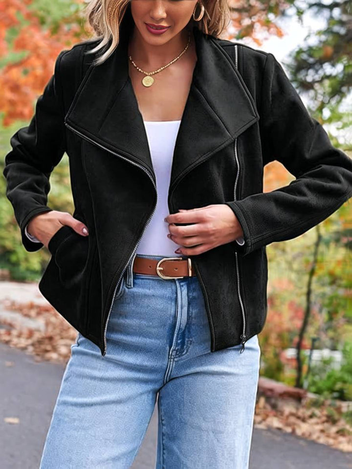 Lune London | Perfect Suede Jacket Made of Suedine with Zipper Pockets Notch Collar Long Sleeves Women Casual Fashion
