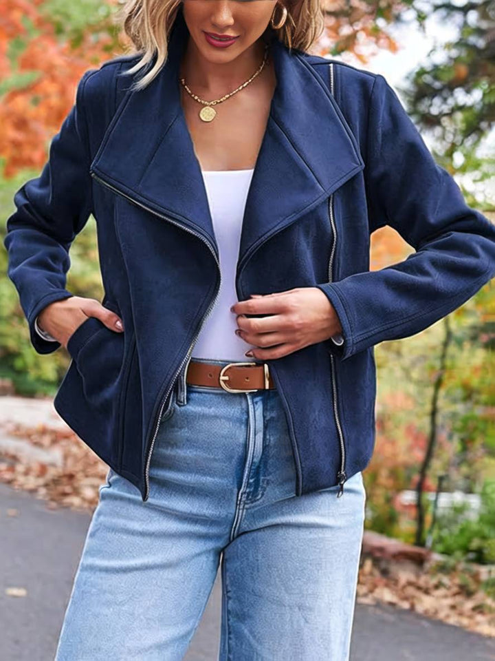 Lune London | Perfect Suede Jacket Made of Suedine with Zipper Pockets Notch Collar Long Sleeves Women Casual Fashion