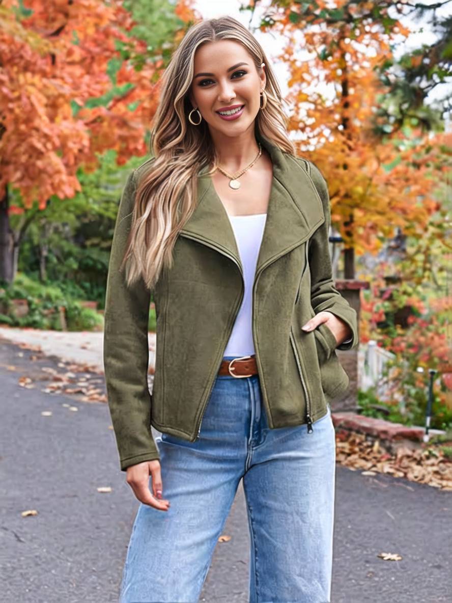 Lune London | Perfect Suede Jacket Made of Suedine with Zipper Pockets Notch Collar Long Sleeves Women Casual Fashion