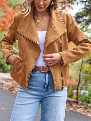 Amarae | Perfect Suede Jacket Made of Suedine with Zipper Pockets Notch Collar Long Sleeves Women Casual Fashion