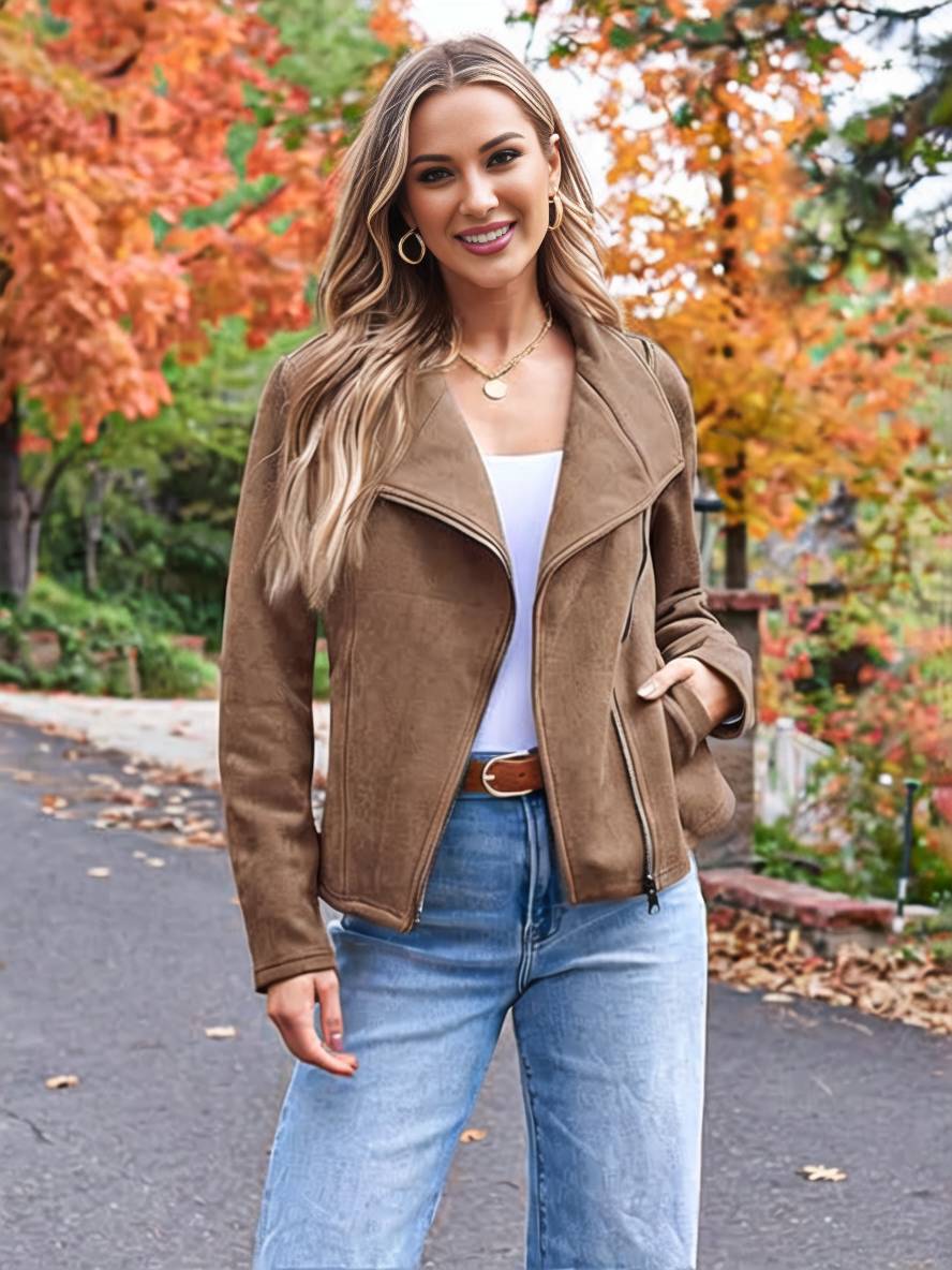 Lune London | Perfect Suede Jacket Made of Suedine with Zipper Pockets Notch Collar Long Sleeves Women Casual Fashion