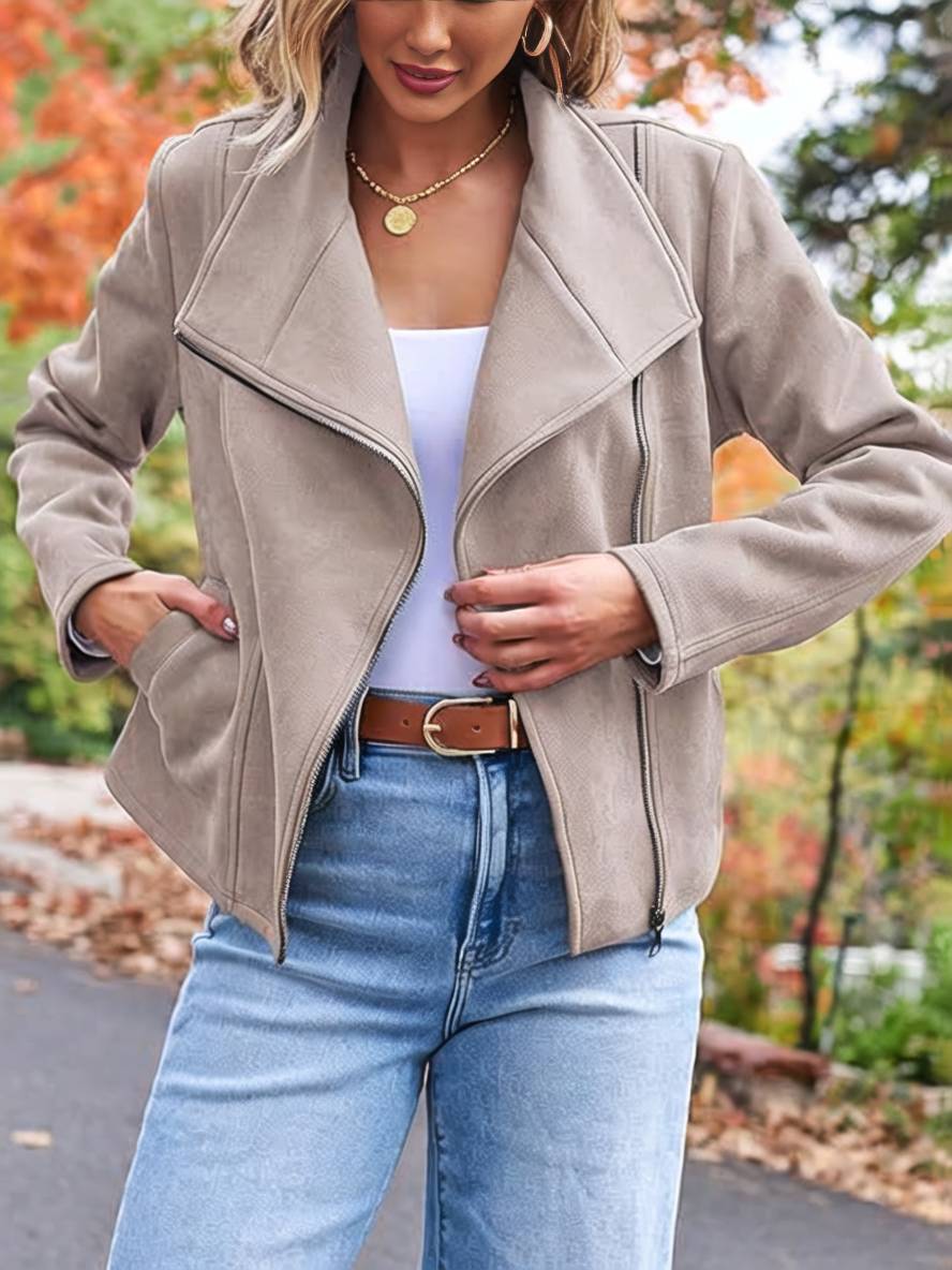 Lune London | Perfect Suede Jacket Made of Suedine with Zipper Pockets Notch Collar Long Sleeves Women Casual Fashion