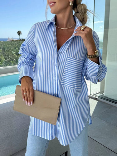 Amarae | Striped Blouse Button-Up Shirt Collar Long Sleeves Women Elegant Tailored Casual Plus Size