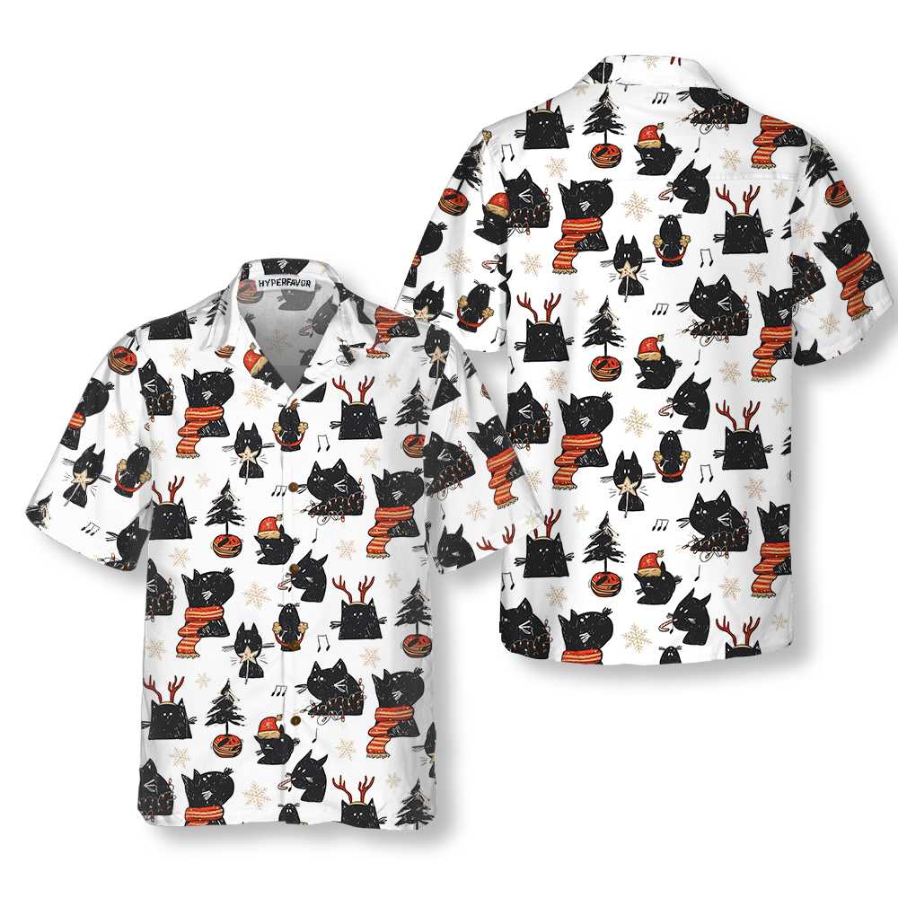 Lune London | Cartoon Noir Merry Christmas Cat Hawaiian Shirt, Fun Christmas Cat Shirt, Best Christmas Gift Idea