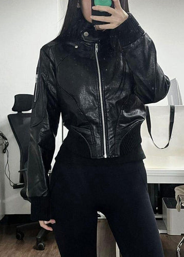 Amarae | Black patchwork synthetic leather coats with zipper