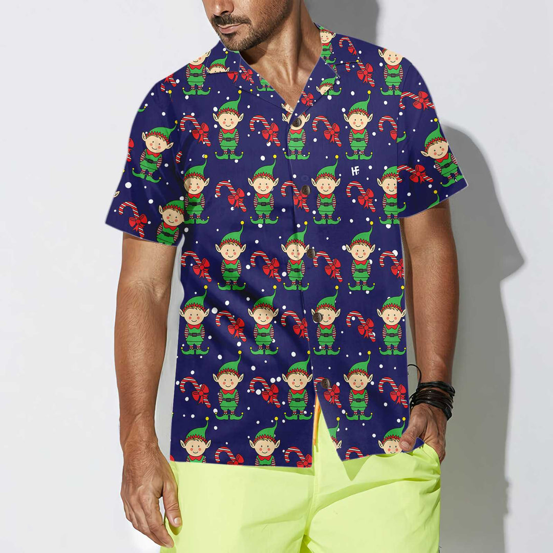 Lune London | Blue Hawaiian shirt of Christmas elves. Christmas elf shirt, best Christmas gift idea.