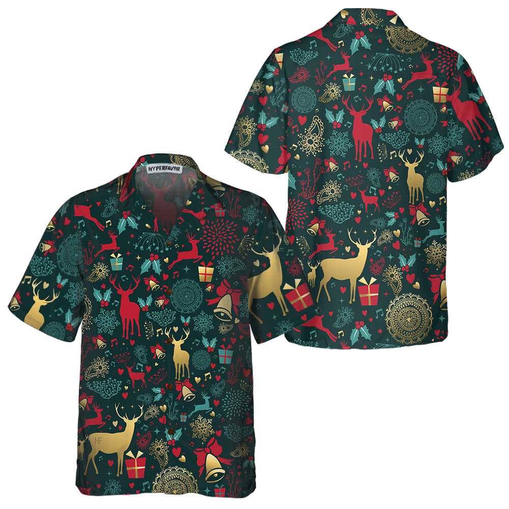 Lune London | Christmas golden deer pattern Hawaiian shirt, Christmas reindeer shirt, best Christmas gift idea