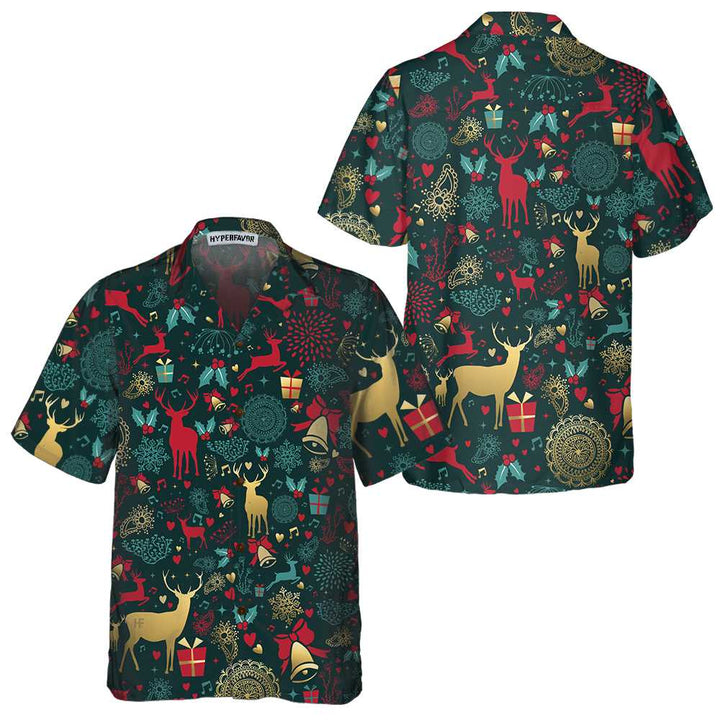 Lune London | Christmas golden deer pattern Hawaiian shirt, Christmas reindeer shirt, best Christmas gift idea