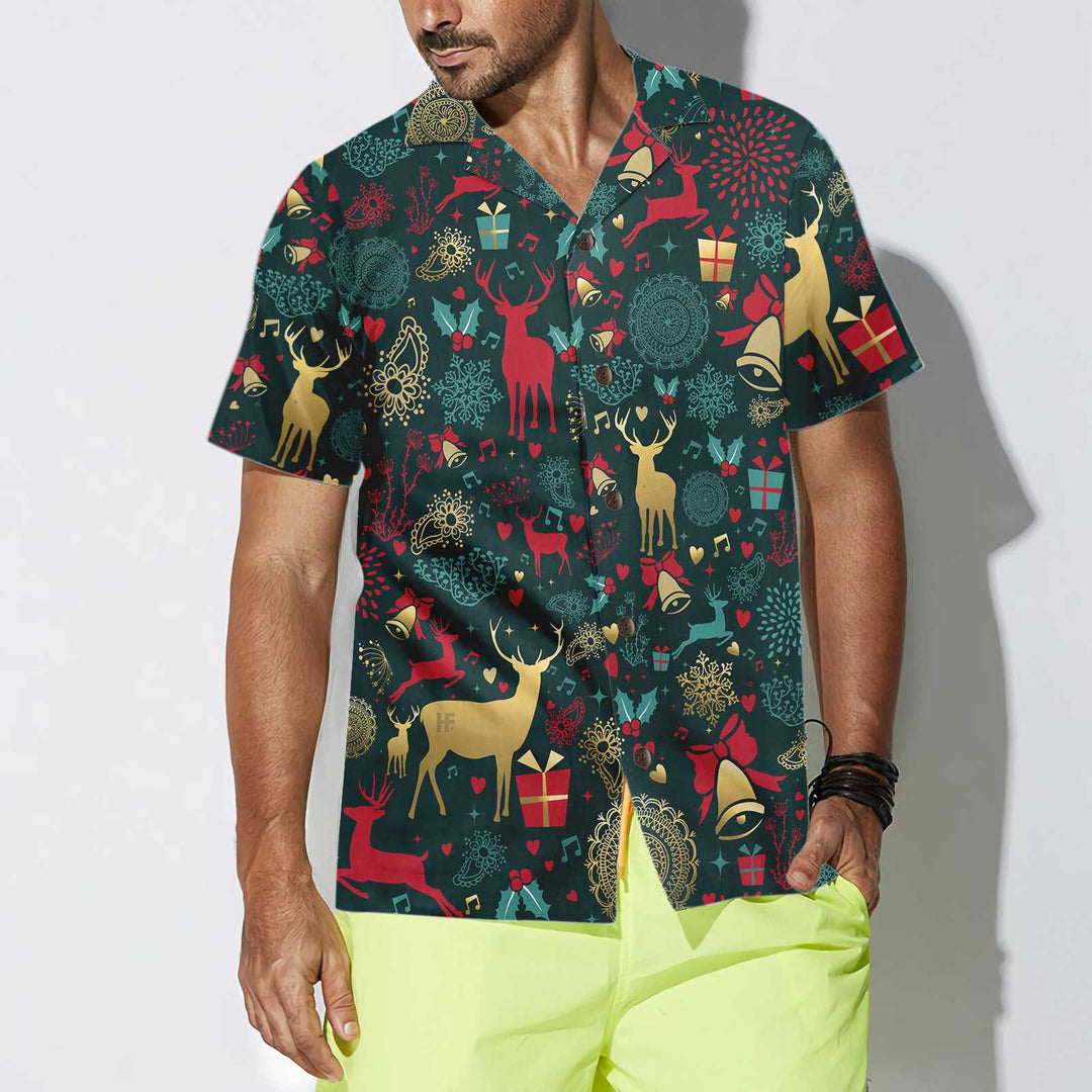 Lune London | Christmas golden deer pattern Hawaiian shirt, Christmas reindeer shirt, best Christmas gift idea