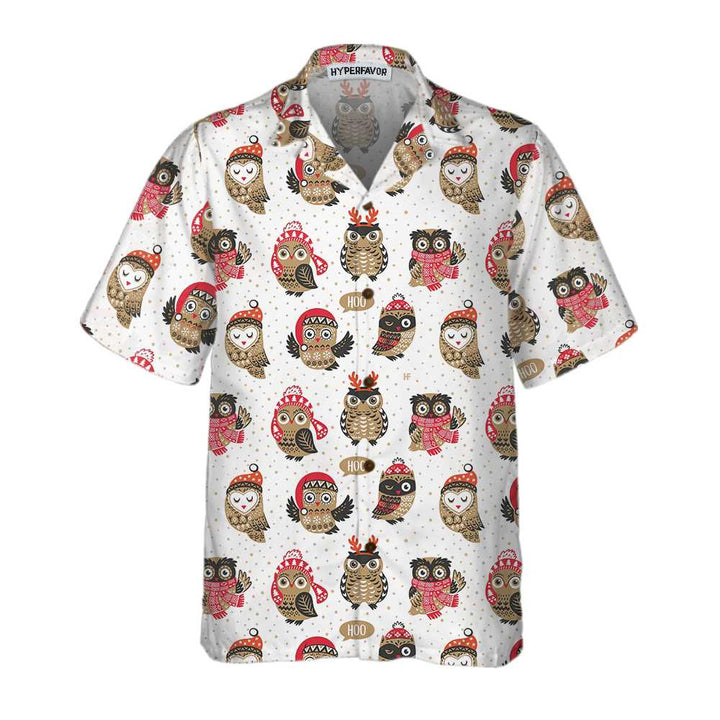 Lune London | Christmas Owl with Knitted Hat Hawaiian Shirt, Fun Christmas Shirt, Best Christmas Gift Idea
