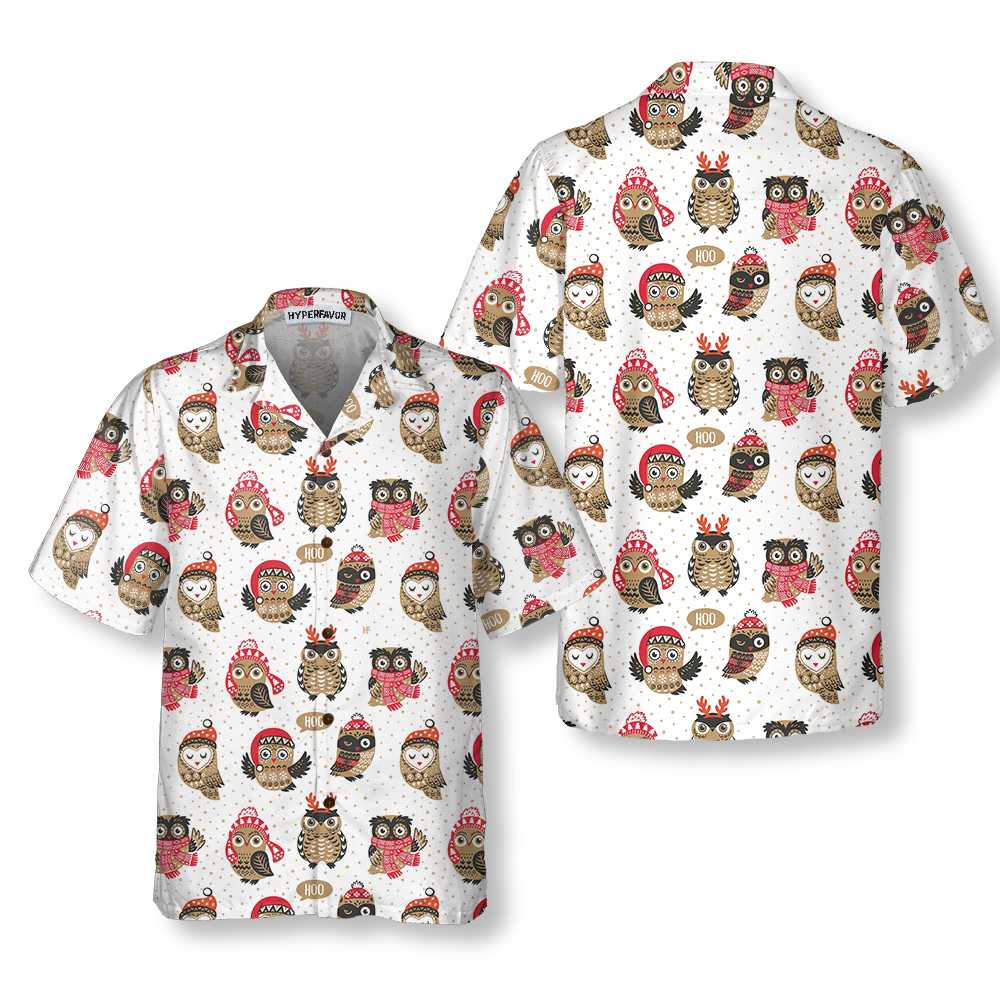 Lune London | Christmas Owl with Knitted Hat Hawaiian Shirt, Fun Christmas Shirt, Best Christmas Gift Idea