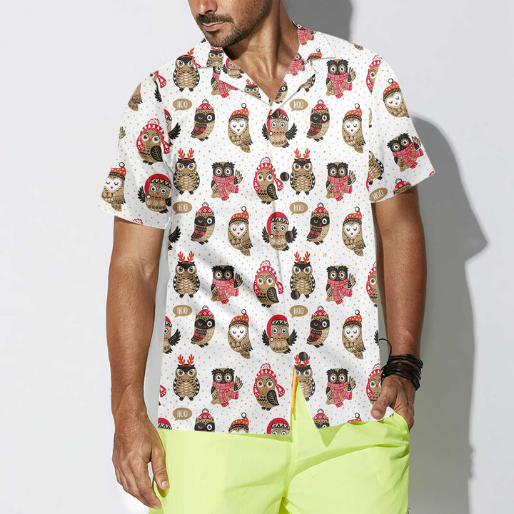 Lune London | Christmas Owl with Knitted Hat Hawaiian Shirt, Fun Christmas Shirt, Best Christmas Gift Idea