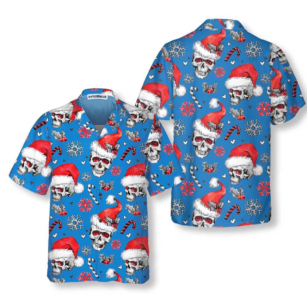 Lune London | Christmas Skull with Candy Canes Blue Version Christmas Hawaiian Shirt, Christmas Skull Hawaiian Shirt for Men