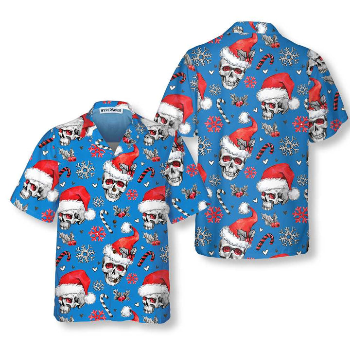 Lune London | Christmas Skull with Candy Canes Blue Version Christmas Hawaiian Shirt, Christmas Skull Hawaiian Shirt for Men