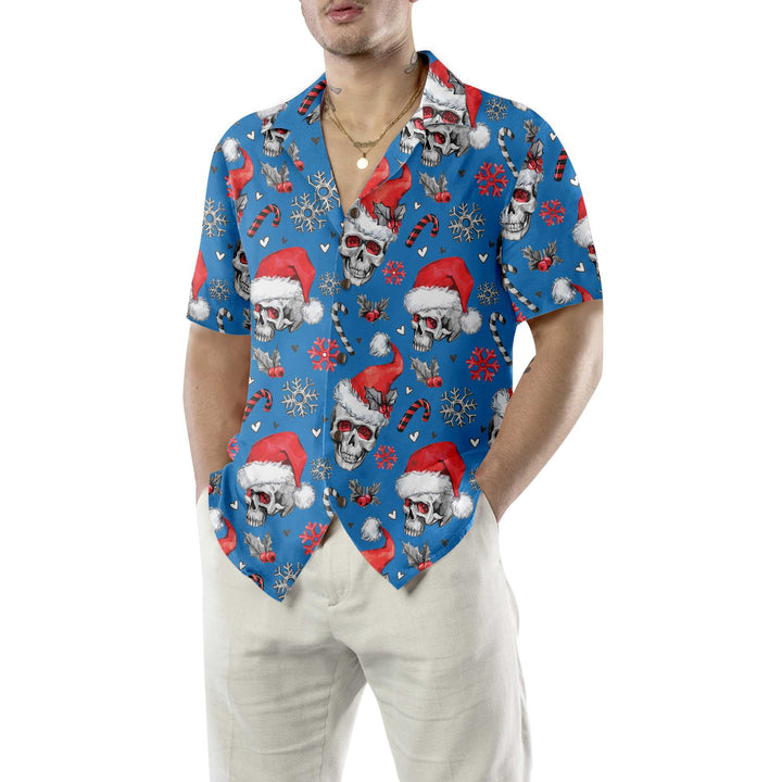 Lune London | Christmas Skull with Candy Canes Blue Version Christmas Hawaiian Shirt, Christmas Skull Hawaiian Shirt for Men