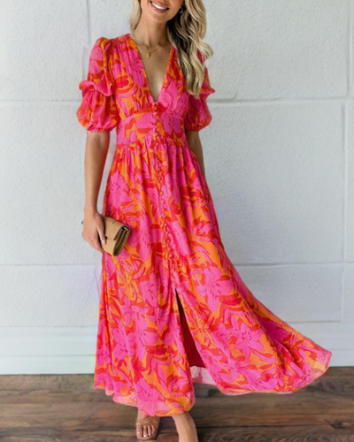 Amarae | Elegant dress with puff sleeves and deep V-neck print