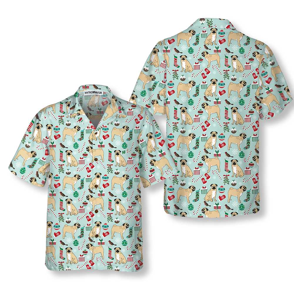 Lune London | Cute Christmas Pug Hawaiian T-shirt, Funny Christmas Dog Hawaiian T-shirt