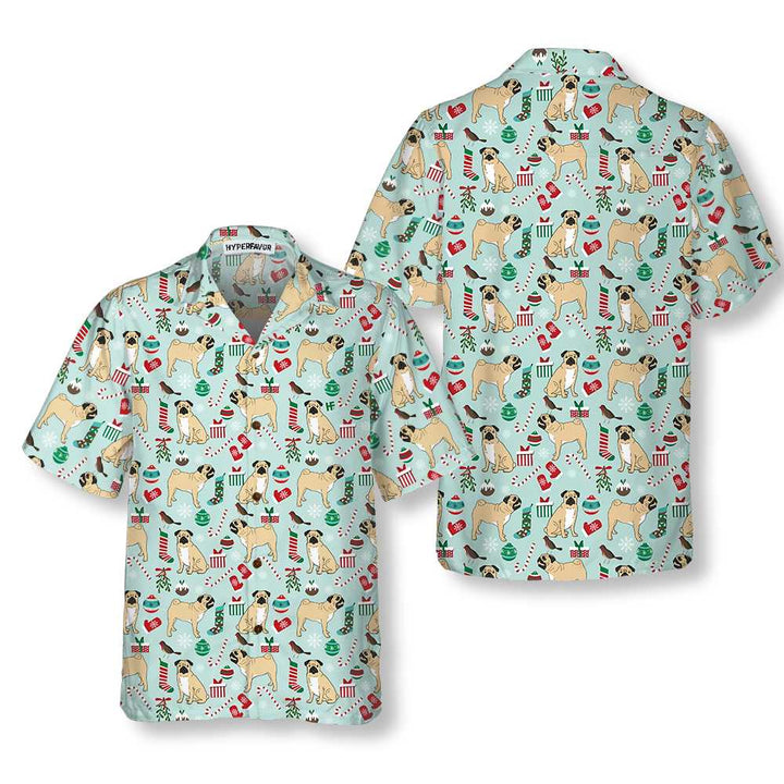 Lune London | Cute Christmas Pug Hawaiian T-shirt, Funny Christmas Dog Hawaiian T-shirt