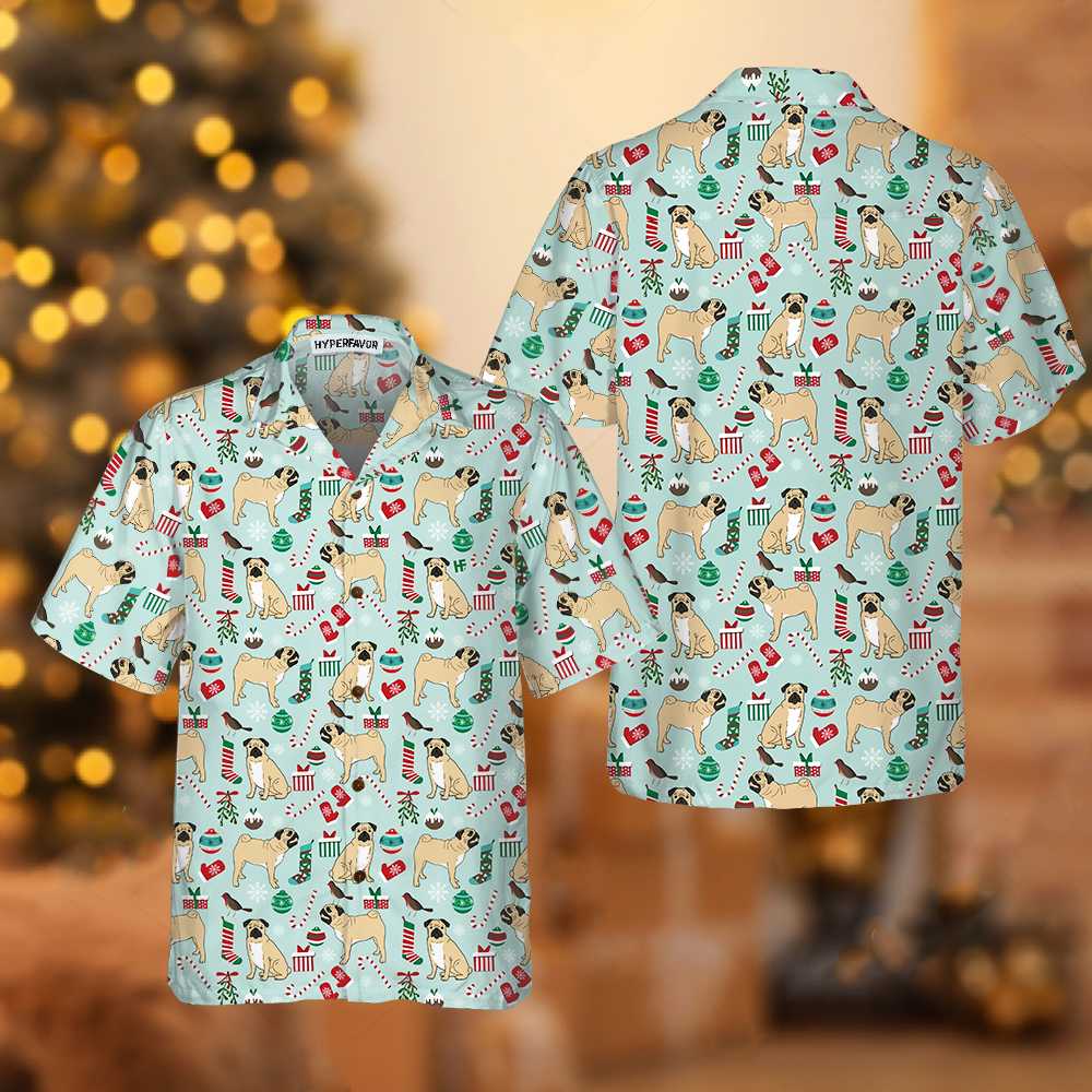 Lune London | Cute Christmas Pug Hawaiian T-shirt, Funny Christmas Dog Hawaiian T-shirt