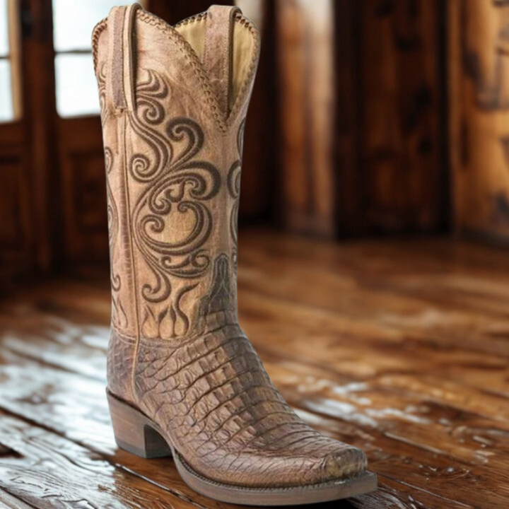 Lune London | Western Boots Embossed Leather with Block Heel
