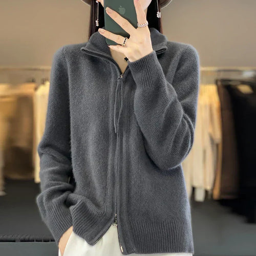 Amarae | Wool Cardigan Double Zipper and High Collar Soft and Elegant