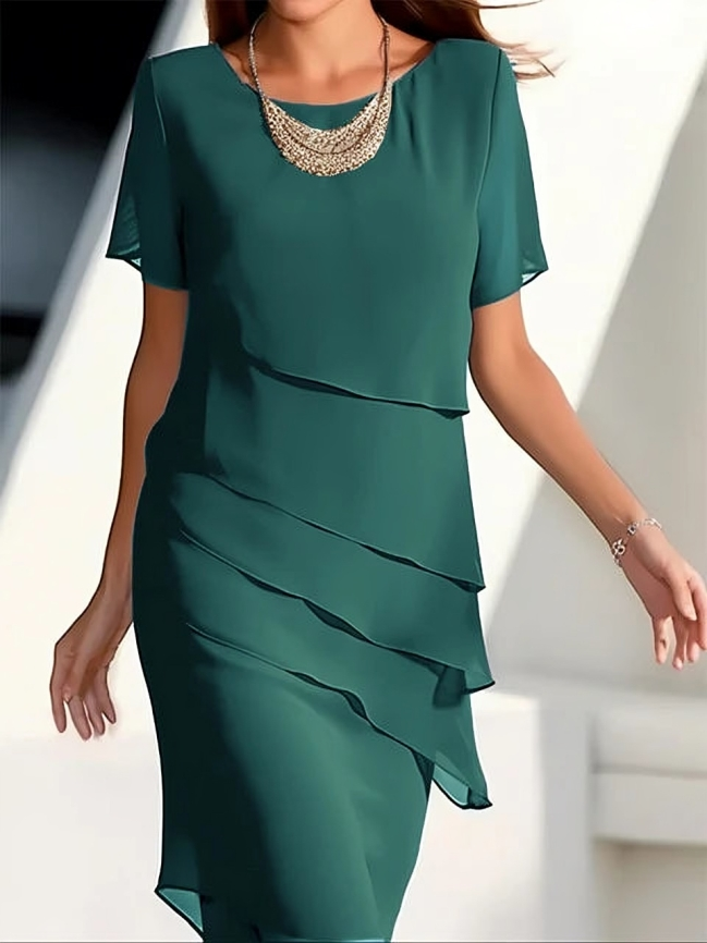 Elegant Dress - Short-Sleeve Midi Dress in Layered Chiffon