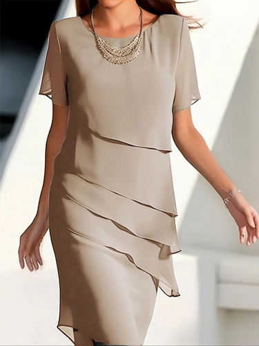 Elegant Dress - Short-Sleeve Midi Dress in Layered Chiffon