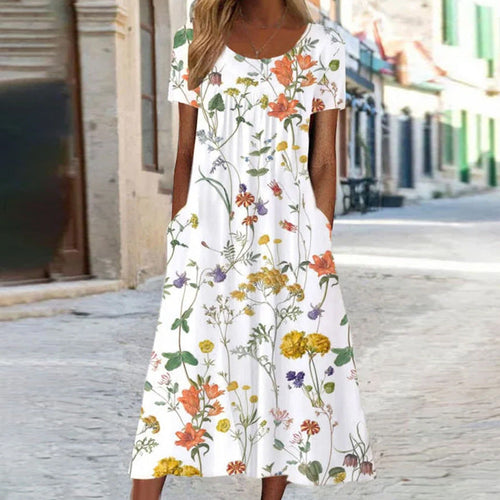 Amarae | Maxi dress in Bohemian style with floral pattern and pockets Short-sleeved maxi dress with floral pattern in Boho chic style for women