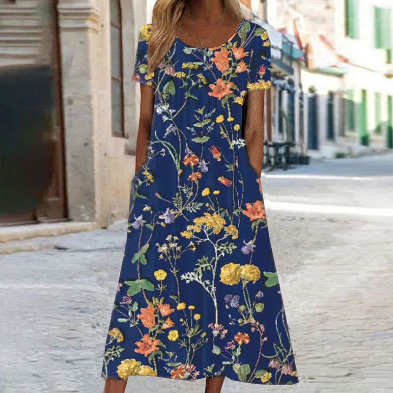 Lune London | Maxi dress in Bohemian style with floral pattern and pockets Short-sleeved maxi dress with floral pattern in Boho chic style for women