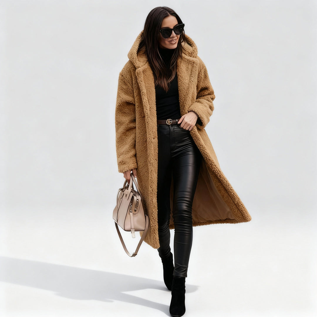 Women’s Long Teddy Coat with Hood – Warm & Stylish | Amarae