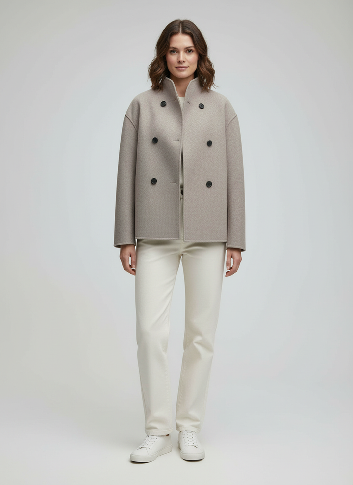 Ladies Wool Jacket Beige with Stand-up Collar | Amarae