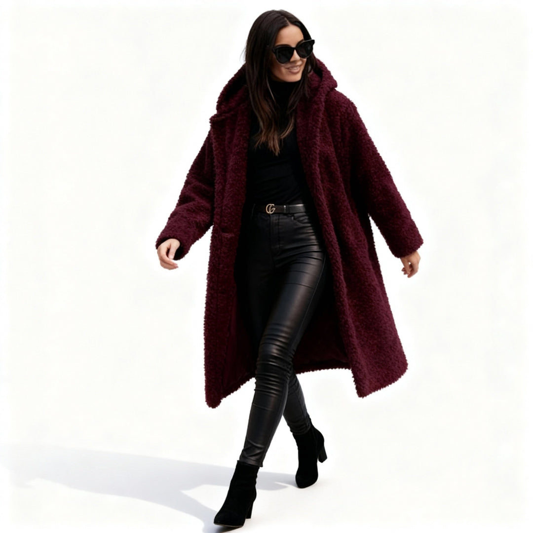 Women’s Long Teddy Coat with Hood – Warm & Stylish | Amarae