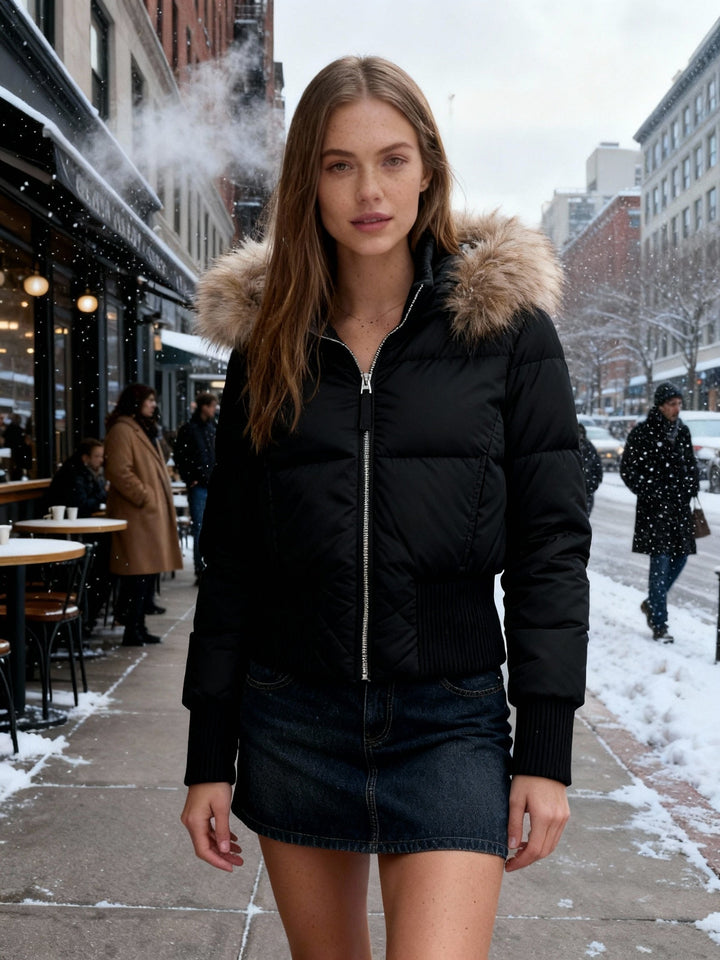 Chic Und Stil | Women's Quilted Winter Jacket with Removable Hood and Elastic Cuffs