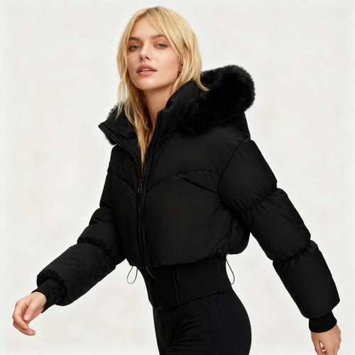 Amarae | Ladies Cropped Down Jacket with Removable Hood and Faux Fur Trim