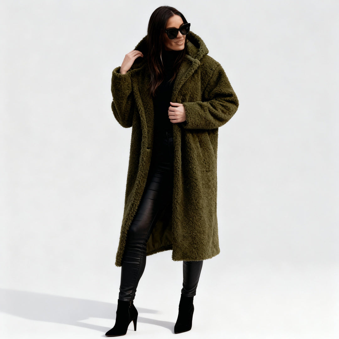Women’s Long Teddy Coat with Hood – Warm & Stylish | Amarae