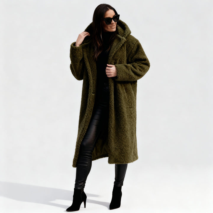 Women’s Long Teddy Coat with Hood – Warm & Stylish | Amarae