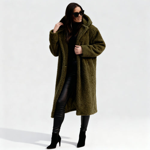 Women’s Long Teddy Coat with Hood – Warm & Stylish | Amarae