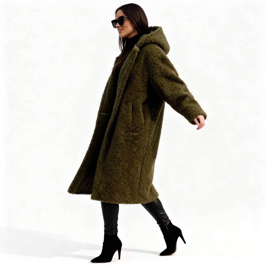 Women’s Long Teddy Coat with Hood – Warm & Stylish | Amarae