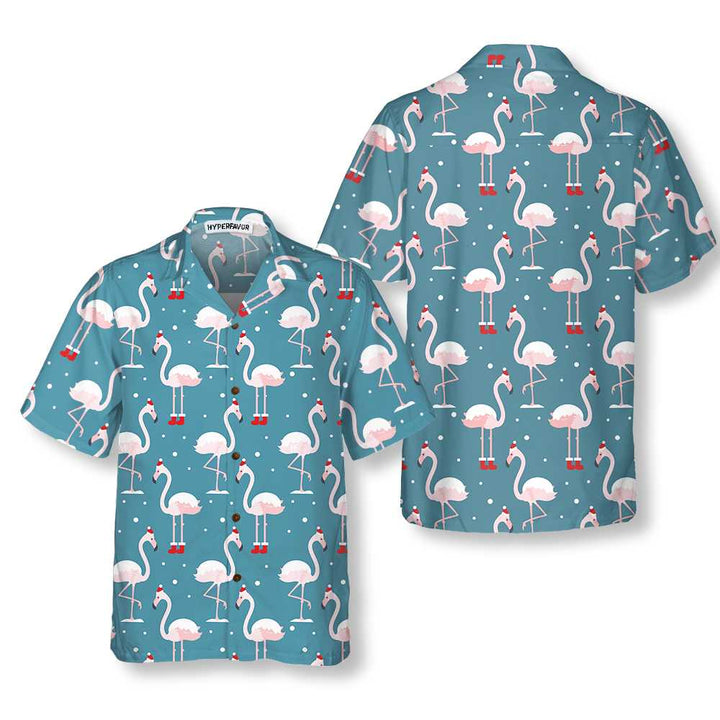 Lune London | Pink flamingo Hawaiian shirt for Christmas holidays, Pink flamingo in Santa hat Christmas shirt, Best Christmas gift idea