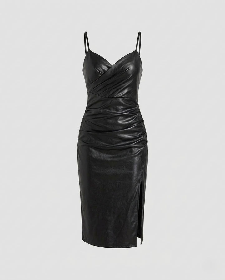 Women fitted leather dress with slit