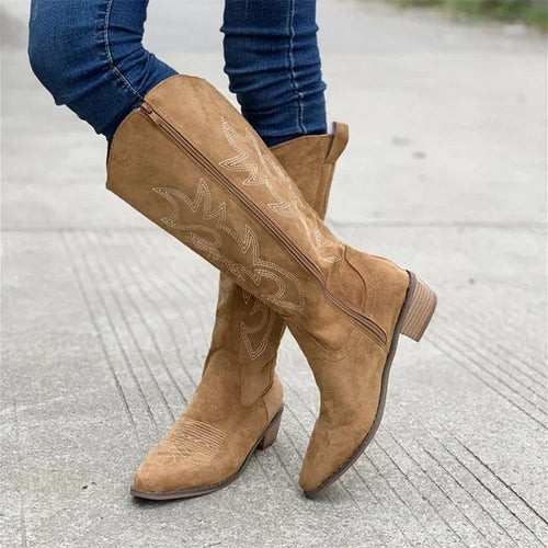 Amarae | Cowboy Boots - Suede Texture - Embroidered Shaft - Mid Calf - Low Heel
