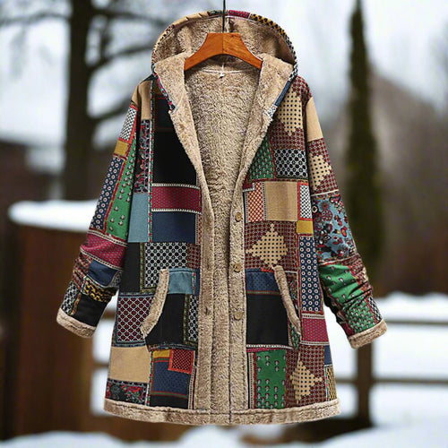 Amarae | Longer Patchwork Coat - Lined with Fleece - Hood & Button Closure - Casual Look