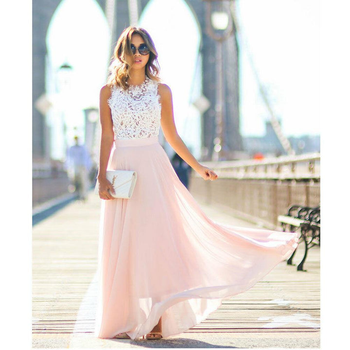 Lune London | Sleeveless Dress Elegant Lace Top Flowing Long Skirt Festive Clothing