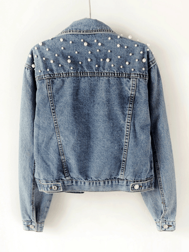 Amarae | Denim Jacket Buttoned Pockets Rhinestone Bead Trim Lapel Collar Long Sleeves Women's Fashion Casual Oversized Laid-Back