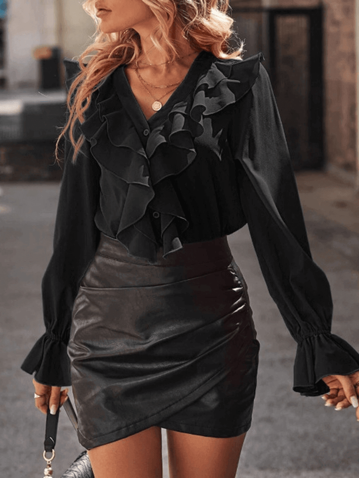 Lune London | Ruffled Button-Down Shirt V-Neck Jabot Collar Flared Sleeves Long Sleeves Women Sweet Elegant Fashion Blouse