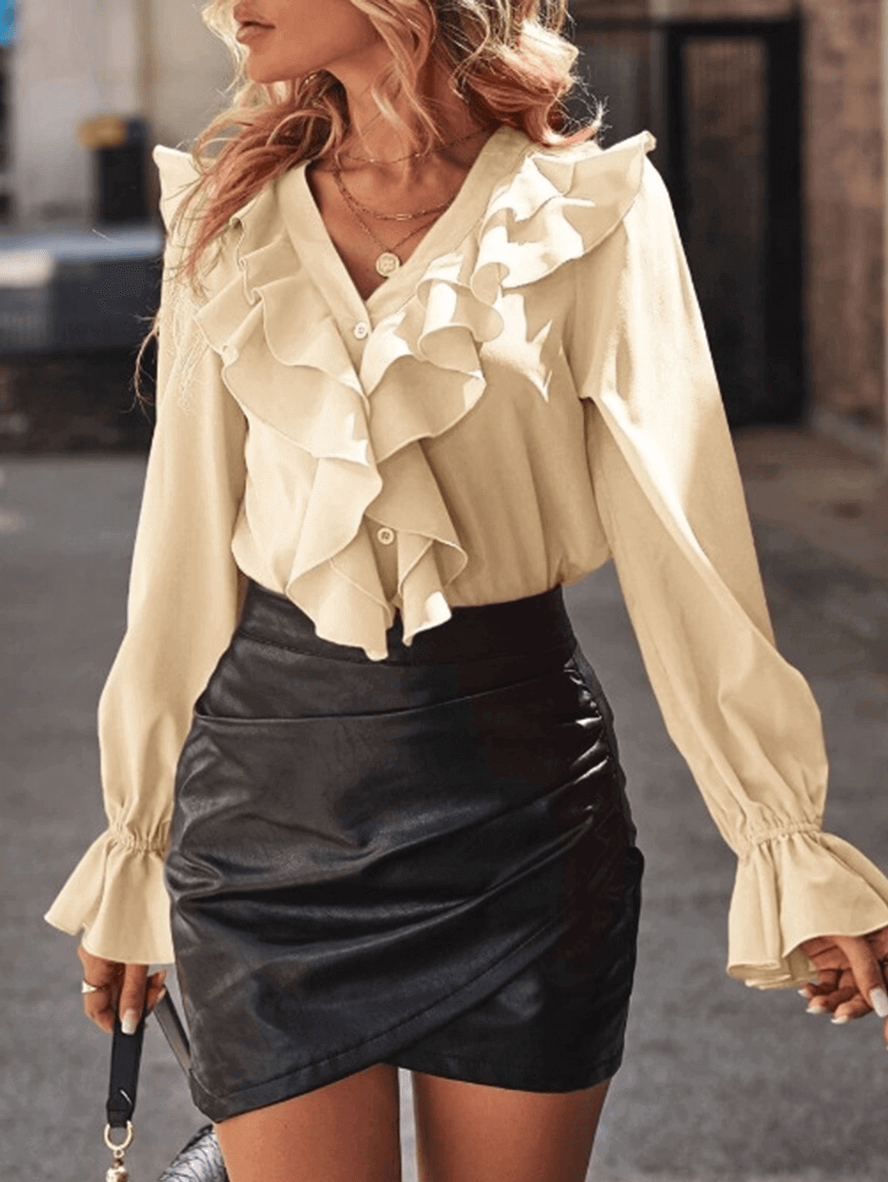 Lune London | Ruffled Button-Down Shirt V-Neck Jabot Collar Flared Sleeves Long Sleeves Women Sweet Elegant Fashion Blouse