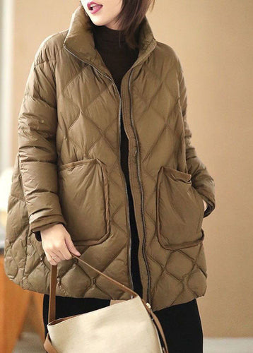 Amarae | Chocolate high collar winter coats with zipper, pockets, down duck