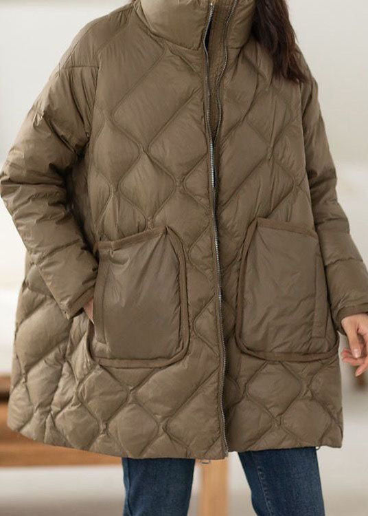 Lune London | Chocolate high collar winter coats with zipper, pockets, down duck