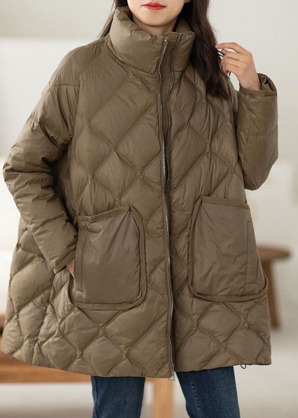 Lune London | Chocolate high collar winter coats with zipper, pockets, down duck