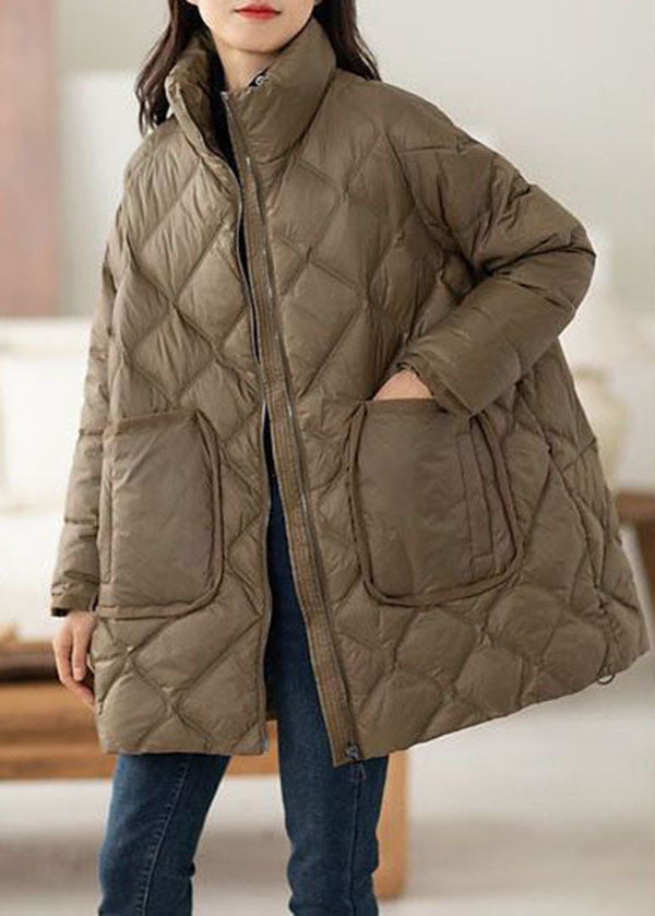 Lune London | Chocolate high collar winter coats with zipper, pockets, down duck